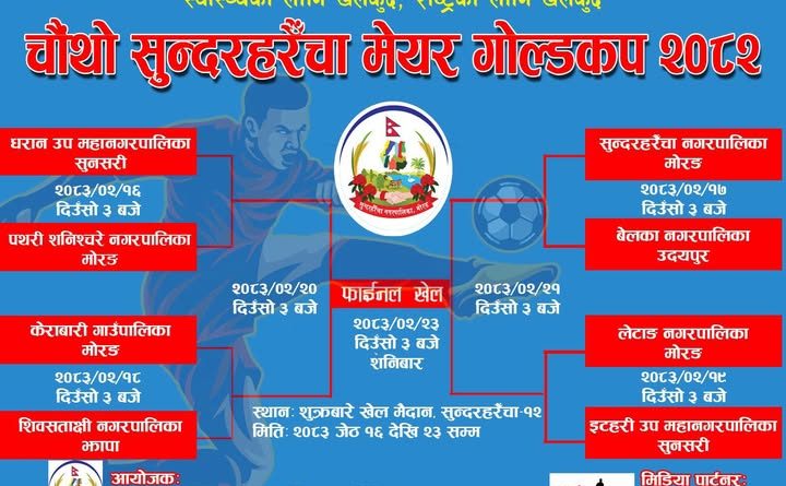 चौथो सुन्दरहरैंचा मेयर गोल्डकप २०८२ : विजेतालाई ४ लाख, उपविजेतालाई २ लाख पुरस्कार चौथो सुन्दरहरैंचा मेयर गोल्डकप २०८२ : विजेतालाई ४ लाख, उपविजेतालाई २ लाख पुरस्कार